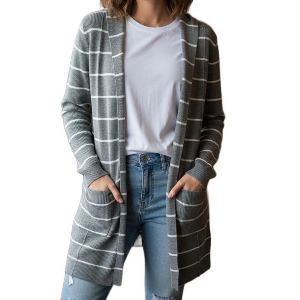 Cardigan SO Gray White Striped Hooded‎ Longline sweater open front size S